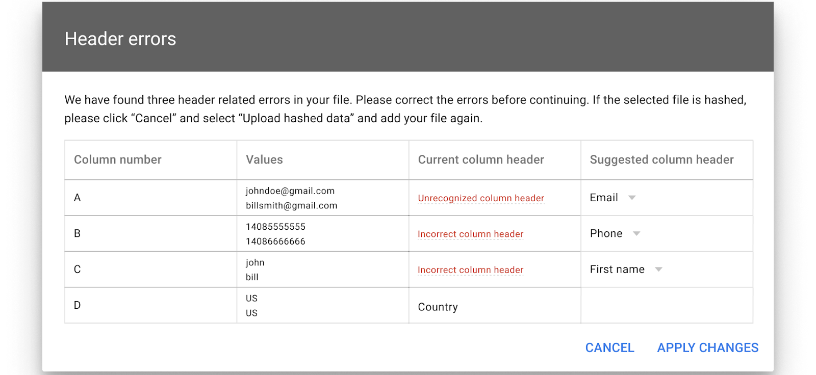 Screenshot showing example error "Unorganized column header"